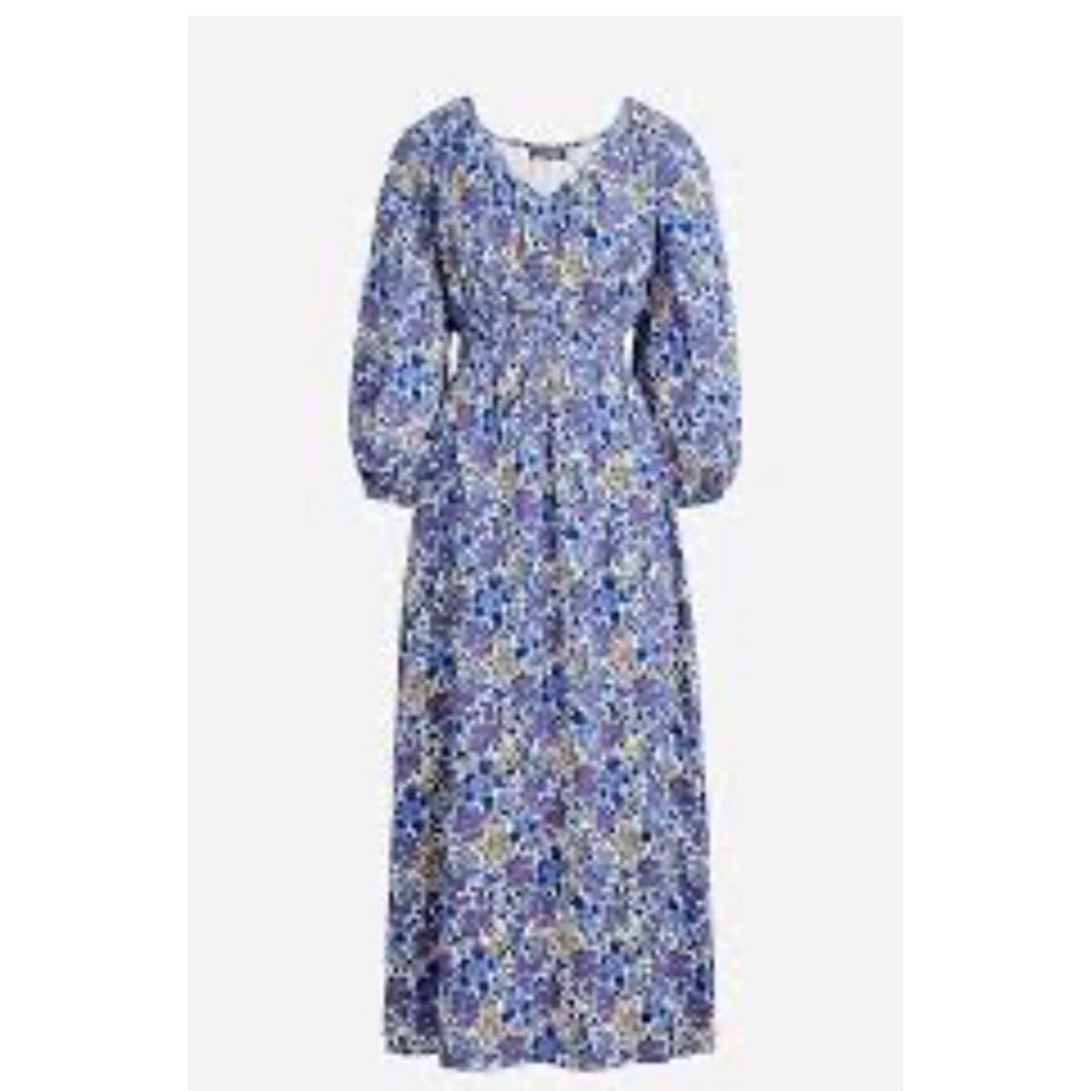 J. Crew V-Neck Smocked Midi Dress Blue Floral Satin Purple BU134 Size M